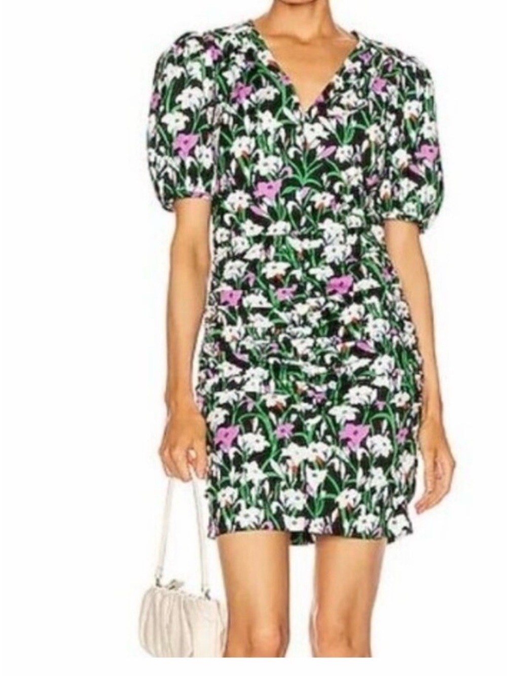 Veronica Beard Green Floral Puff-Sleeve Mini Dress with Pink & White Blossoms